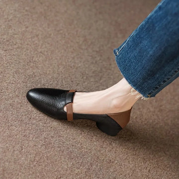 Xajzpa Pumps Women Autumn New Comfortable Versatile Chunky Heel Soft Leather Soft Sole Non-Tiring Slip-On Pointed Toe Low Heel Shoes